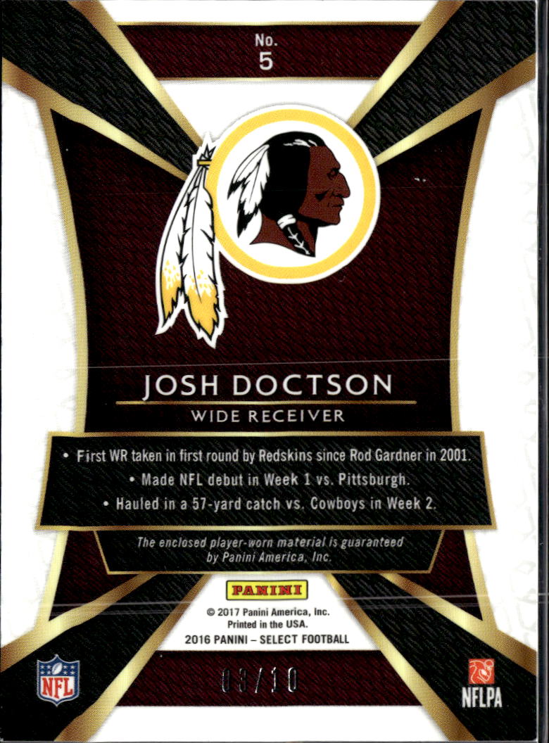 Josh Doctson 2016 Select GOLD Jersey Patch RC 3/10 Washington Redskins