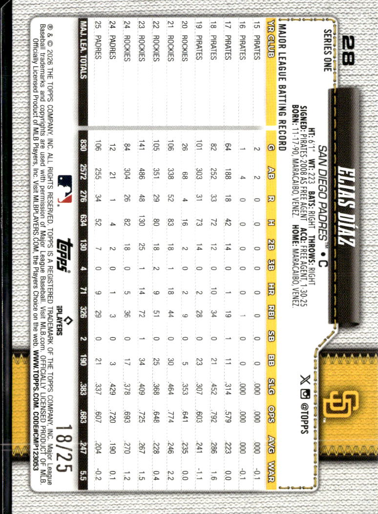 Elias Díaz 2026 Topps Series One Orange 18/25 San Diego Padres