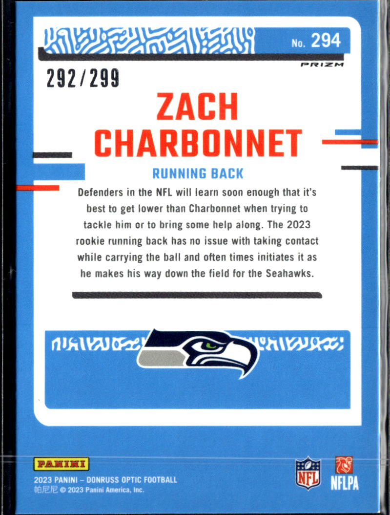 Zach Charbonnet 2023 Optic Rated Rookie Aqua RC /299 Seattle Seahawks
