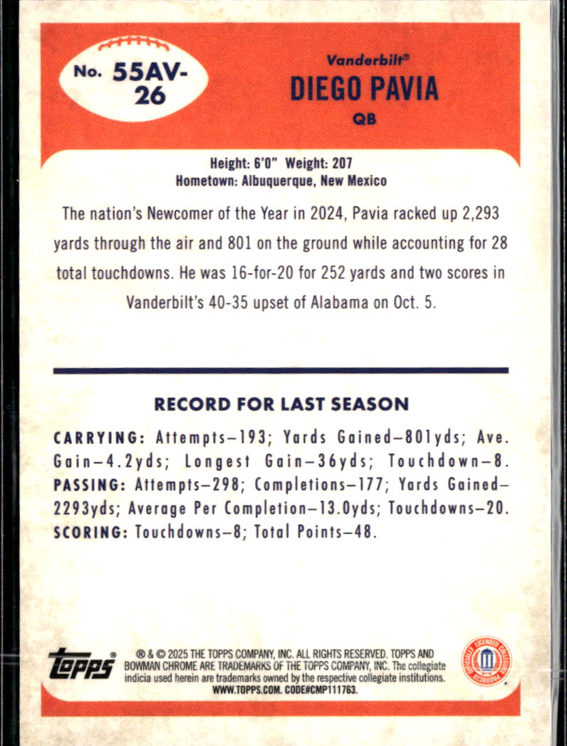Diego Pavia 2025 Bowman Chrome '55 GOLD 45/50 Vanderbilt Commodores