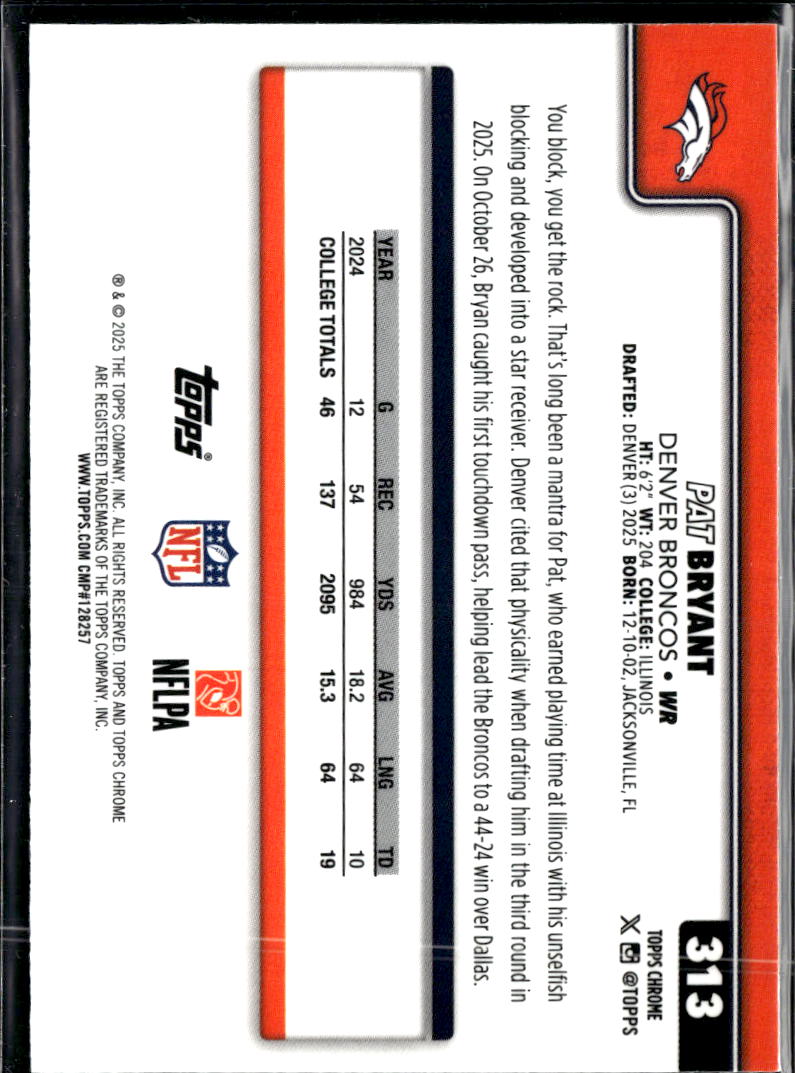 Pat Bryant 2025 Topps Chrome Sapphire Rookie RC Denver Broncos