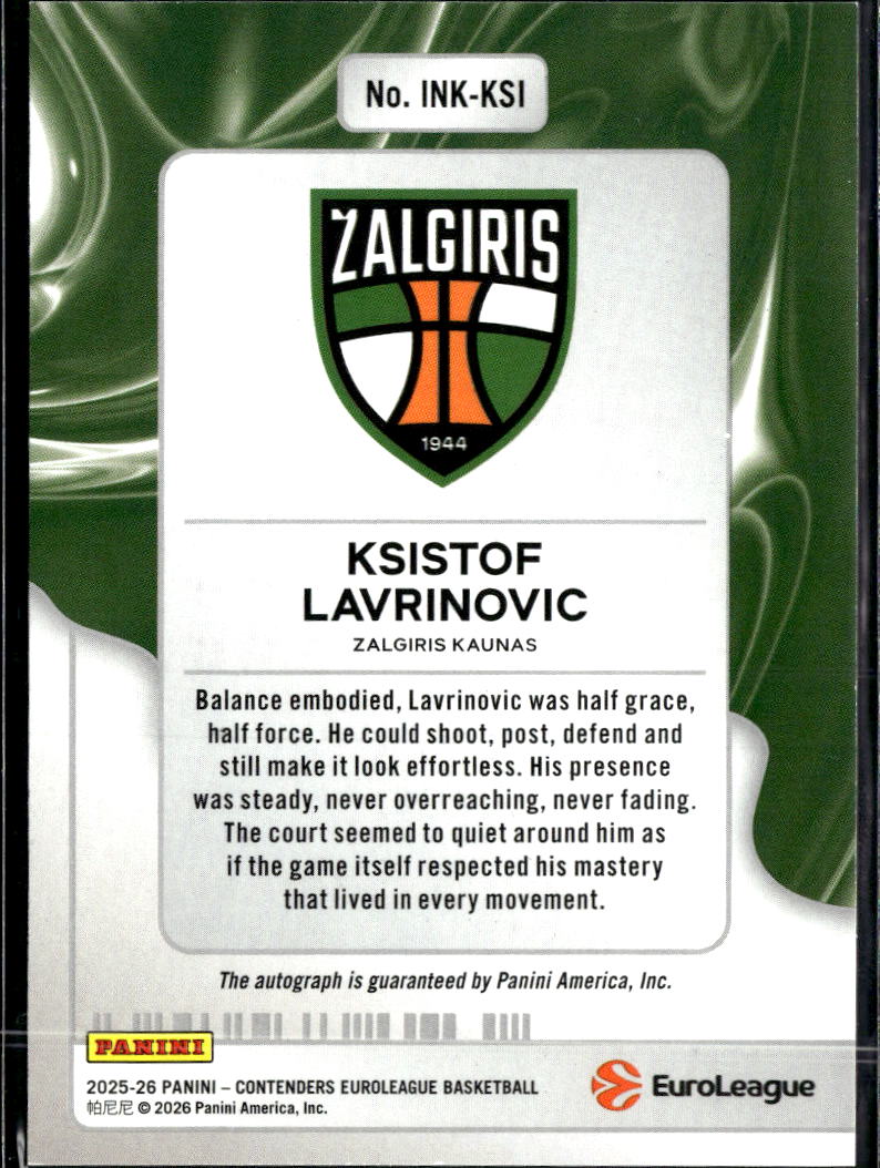 Ksistof Lavrinovic 2026 Contenders EuroLeague Auto Autograph /99 Zalgiris Kaunas