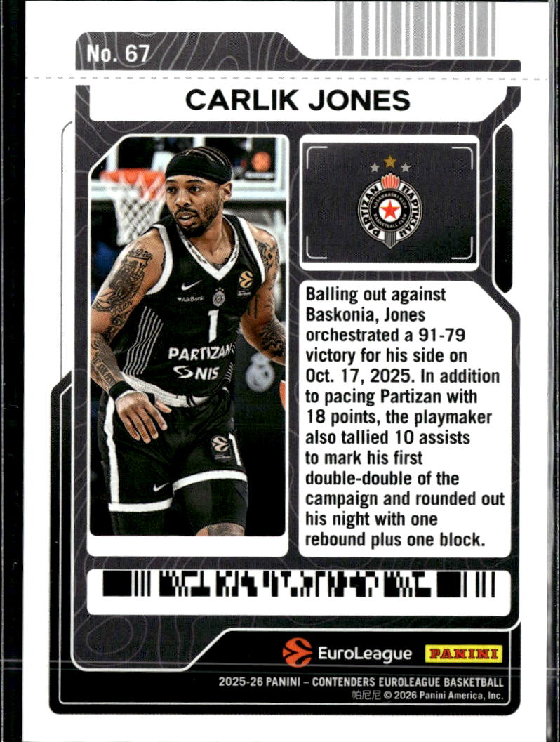 Carlik Jones 2026 Contenders EuroLeague Play-In Ticket /299 Partizan NIS