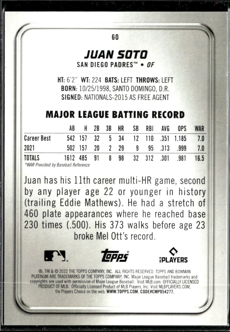 Juan Soto 2022 Bowman Platinum Teal /250 San Diego Padres