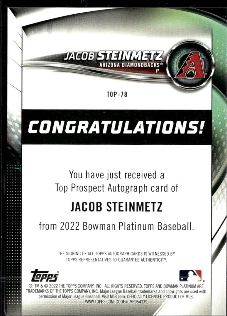 Jacob Steinmetz 2022 Bowman Platinum Auto Autograph Arizona Diamondbacks