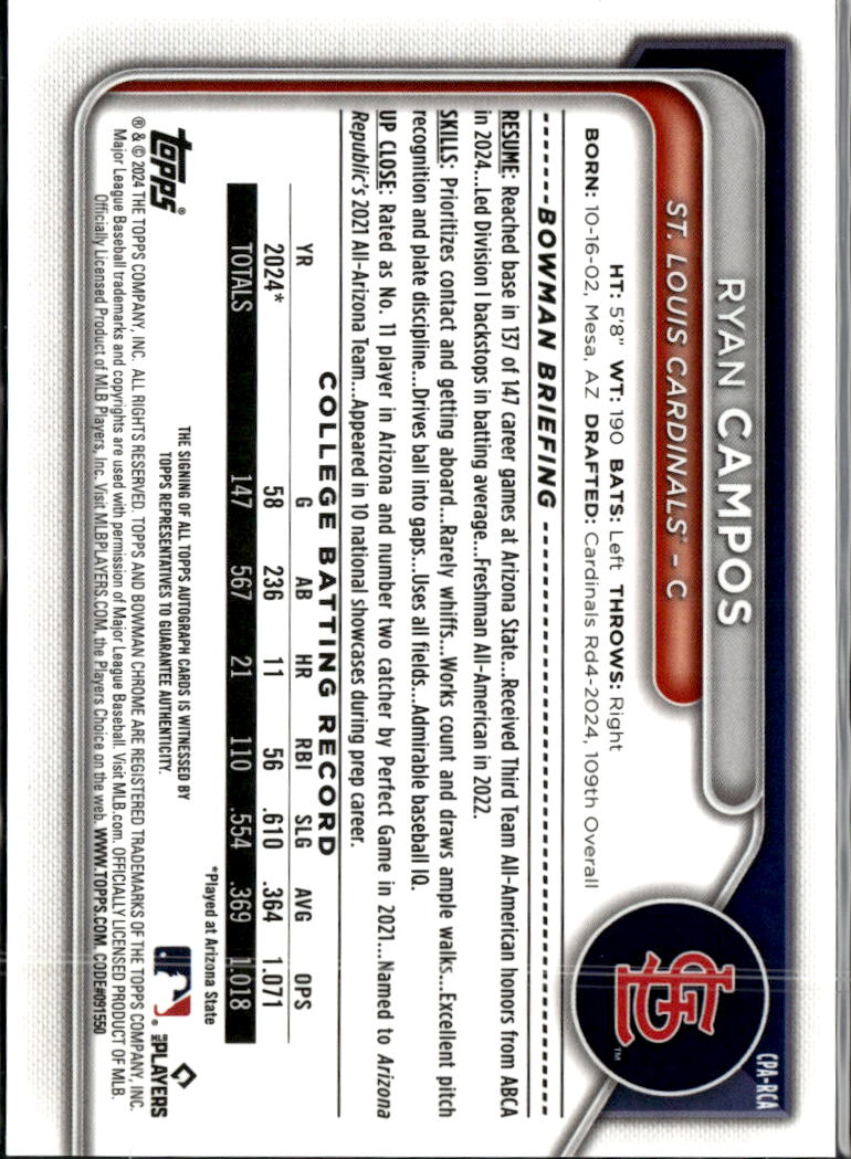 Ryan Campos 2024 Bowman Chrome 1st Auto Autograph St. Louis Cardinals