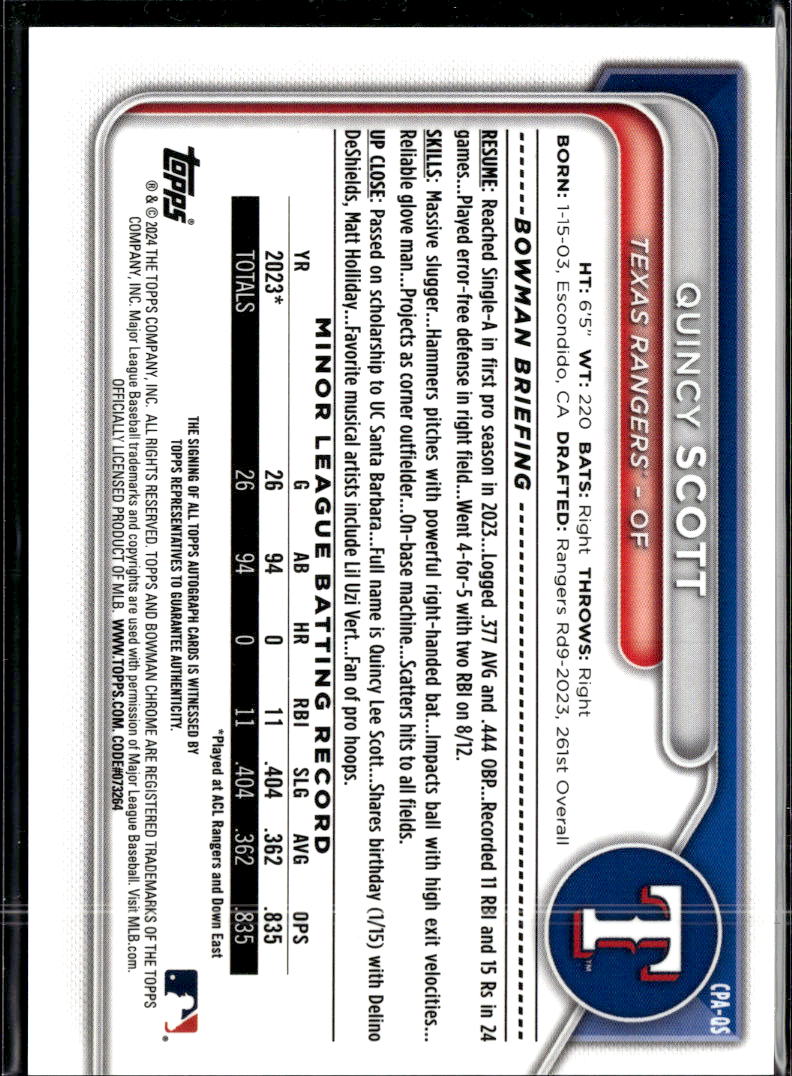 Quincy Scott 2024 Bowman Chrome 1st Auto Autograph Texas Rangers