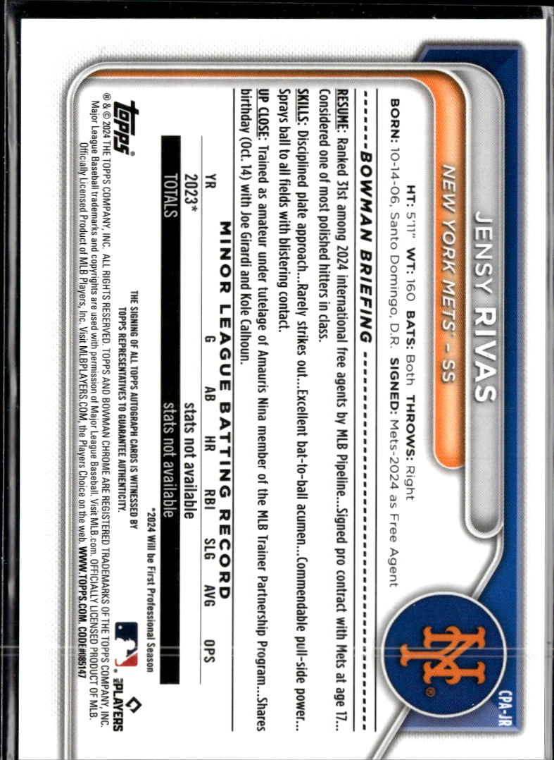 Jensy Rivas 2024 Bowman Chrome Auto Blue Wave Refractor /150 New York Mets