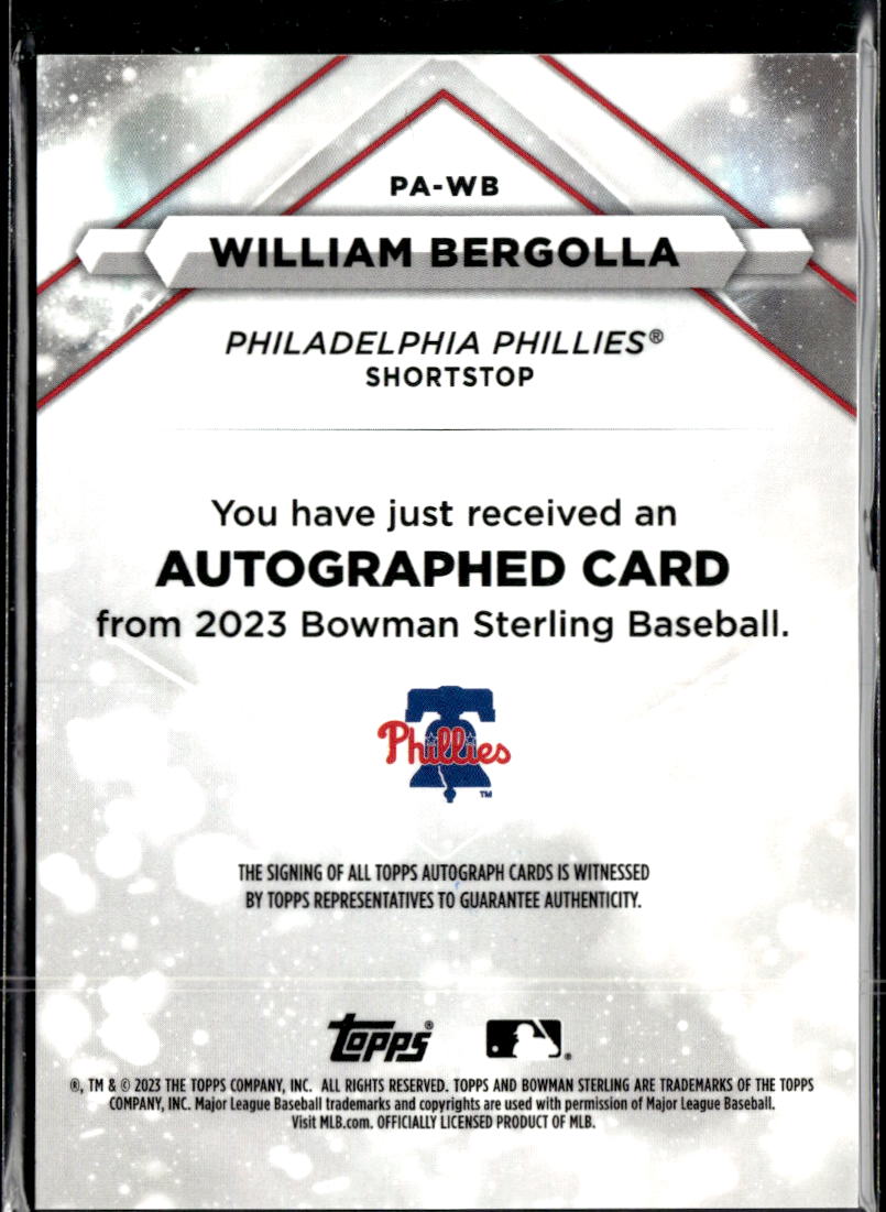 William Bergolla 2023 Bowman Sterling Auto Autograph Philadelphia Phillies