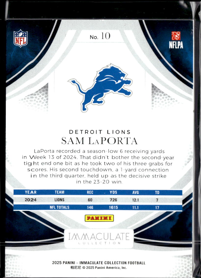 Sam LaPorta 2025 Immaculate Collection JERSEY NUMBER 87/99 Detroit Lions