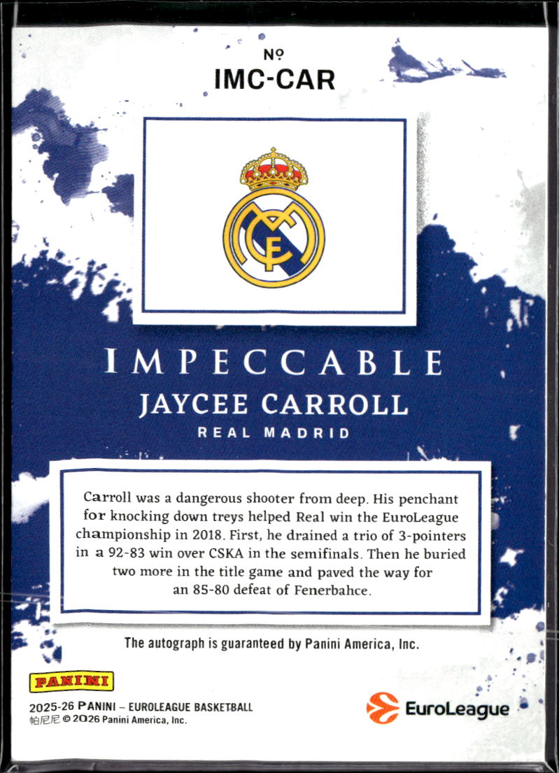 Jaycee Carroll 2026 Impeccable EuroLeague Auto Autograph 13/25 Real Madrid