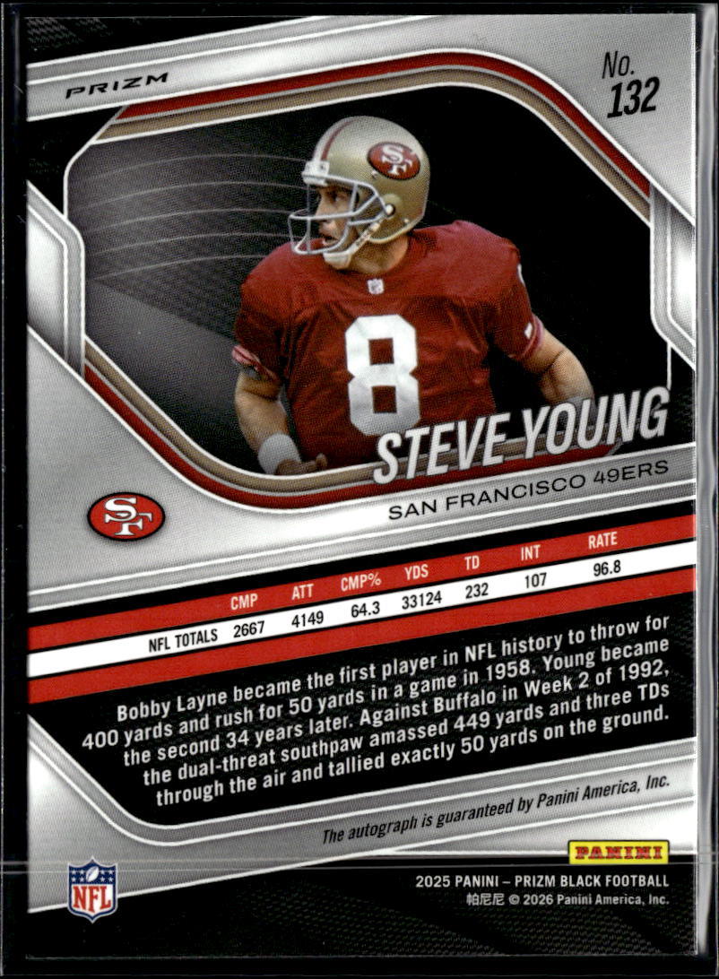 Steve Young 2025 Prizm Black Auto Autograph Silver San Francisco 49ers