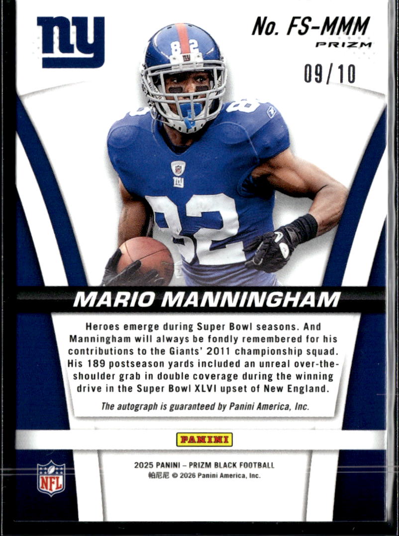 Mario Manningham 2025 Prizm Black Auto Autograph GOLD 9/10 New York Giants