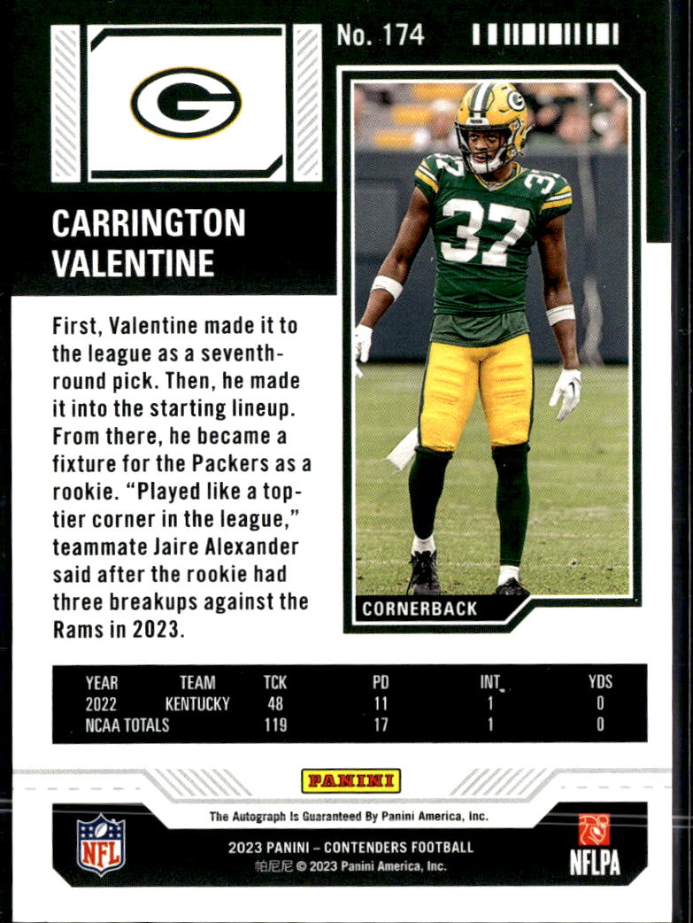Carrington Valentine 2023 Contenders Auto Autograph RC 12/50 Green Bay Packers