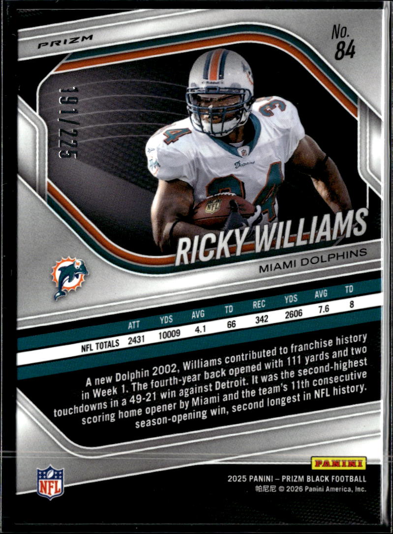 Ricky Williams 2025 Prizm Black Pigskin Football /225 Miami Dolphins