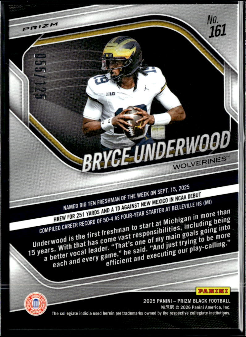 Bryce Underwood 2025 Prizm Black Blue Ice Rookie /125 Michigan Wolverines