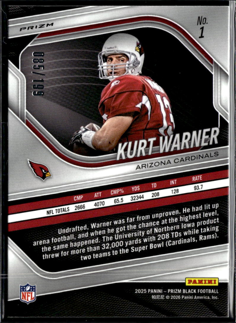 Kurt Warner 2025 Prizm Black Blue /199 Arizona Cardinals