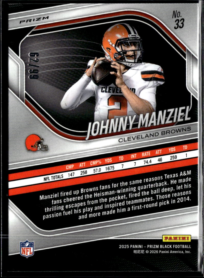 Johnny Manziel 2025 Prizm Black Purple /99 Cleveland Browns