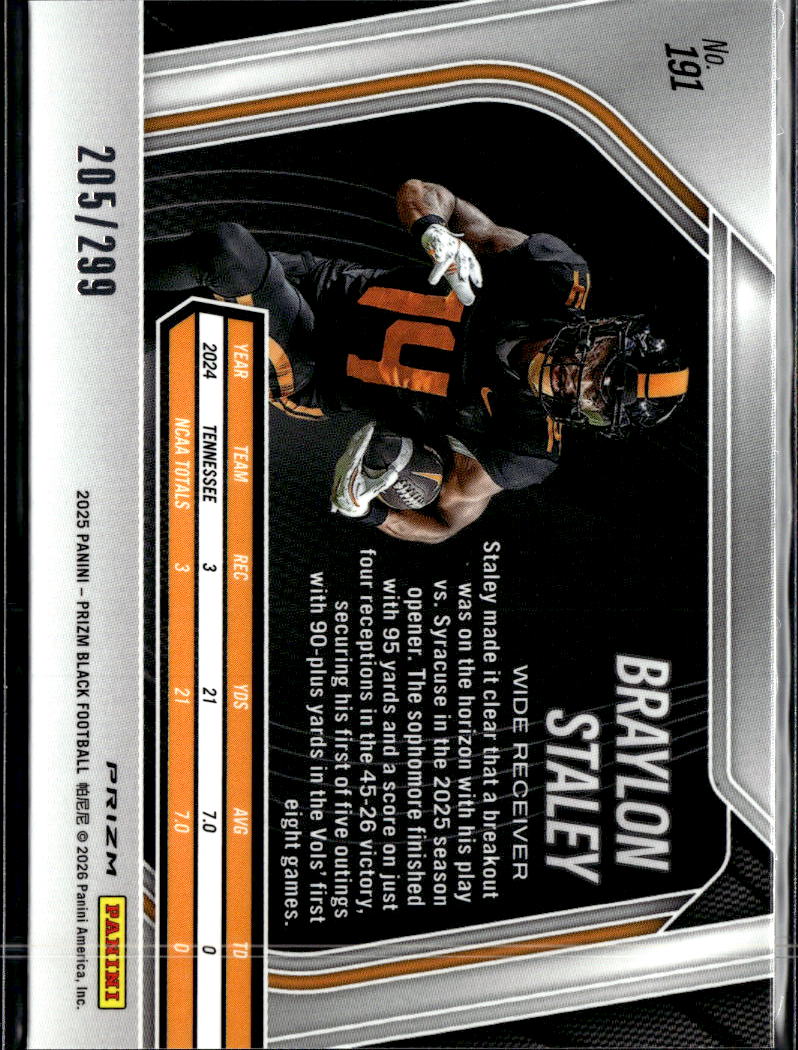 Braylon Staley 2025 Prizm Black Red /299 Tennessee Volunteers
