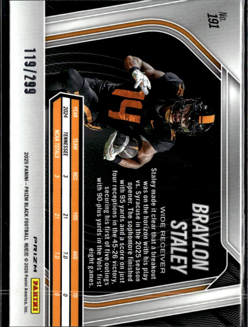 Braylon Staley 2025 Prizm Black Red /299 Tennessee Volunteers