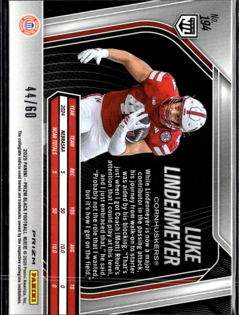 Luke Lindenmeyer 2025 Prizm Black Orange Wave RC /60 Nebraska Cornhuskers