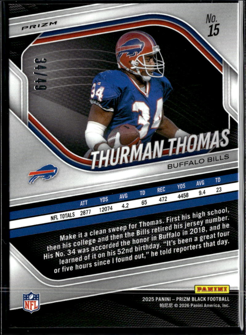 Thurman Thomas 2025Prizm Black Orange 34/49 JERSEY NUMBER Buffalo Bills