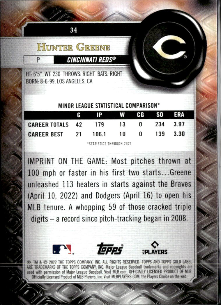 Hunter Greene 2022 Topps Gold Label RC Class 1 Blue /150 Cincinnati Reds