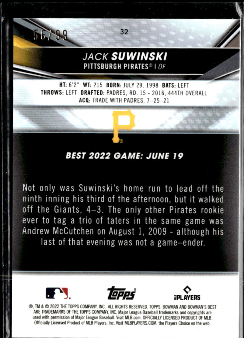 Jack Suwinski 2022 Bowman's Best RC Green Refractor /99 Pittsburgh Pirates