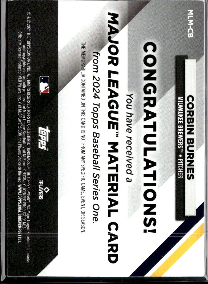 Corbin Burnes 2024 Topps Game Worn Jersey Patch Milwaukee Brewers