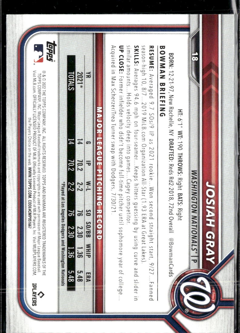 Josiah Gray 2022 Bowman RC Green Border /399 Washington Nationals