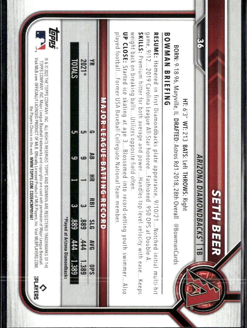 Seth Beer 2022 Bowman RC Rookie Blue /125 Arizona Diamondbacks