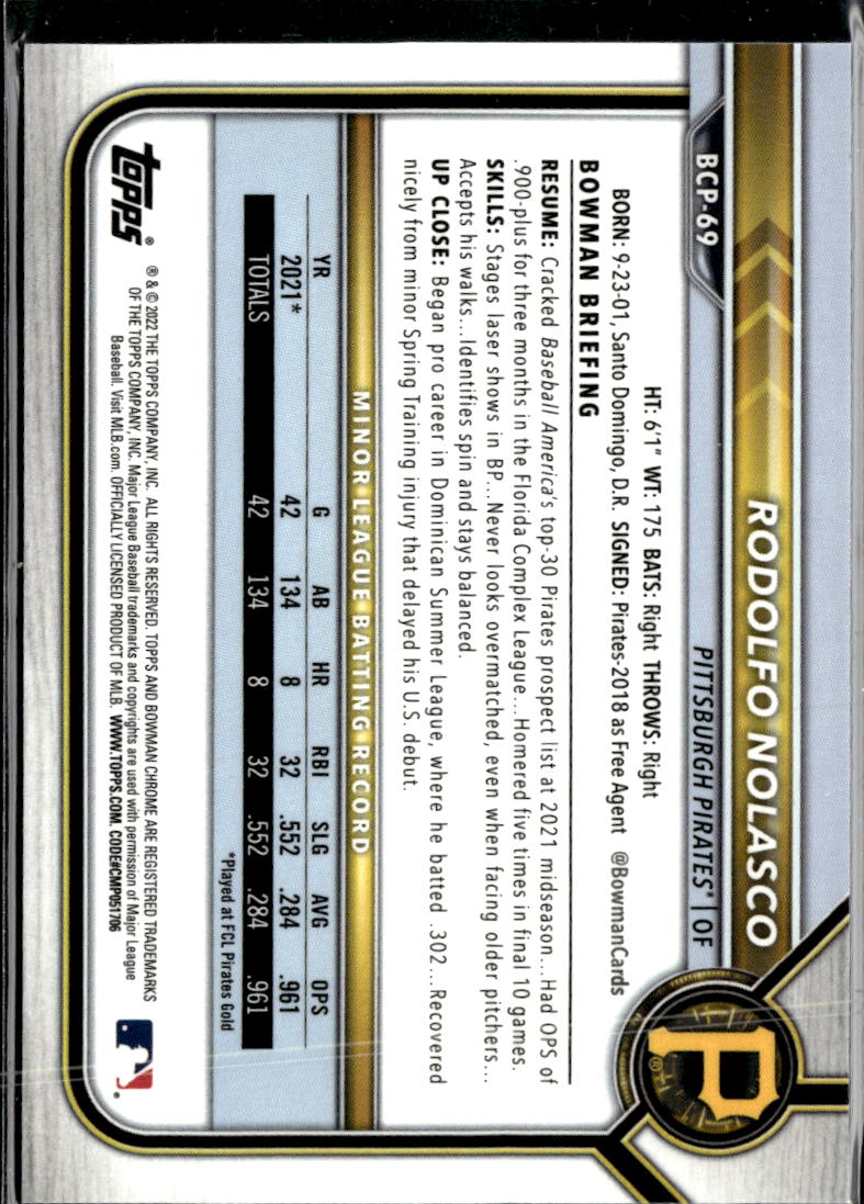 Rodolfo Nolasco 2022 Bowman Chrome 1st Purple RayWave /250 Pittsburgh Pirates