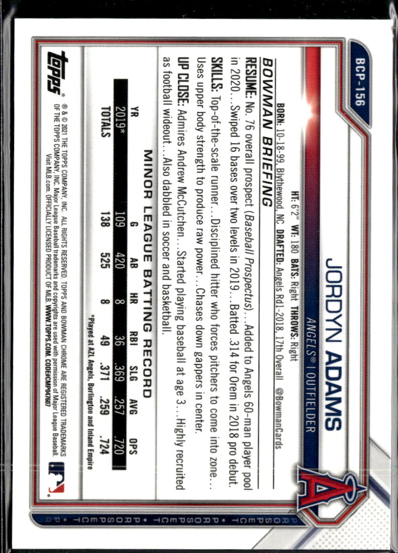 Jordyn Adams 2021 Bowman Chrome Fuchsia /199 Los Angeles Angels