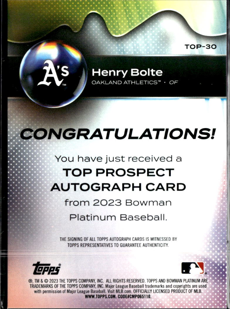 Henry Bolte 2023 Bowman Platinum Auto Autograph Oakland Athletics