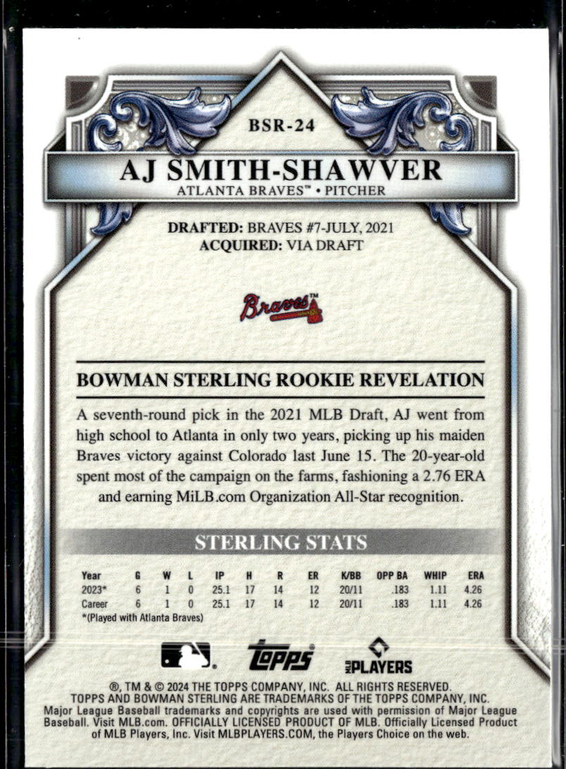AJ Smith-Shawver 2024 Bowman Sterling RC Rookie /150 Atlanta Braves
