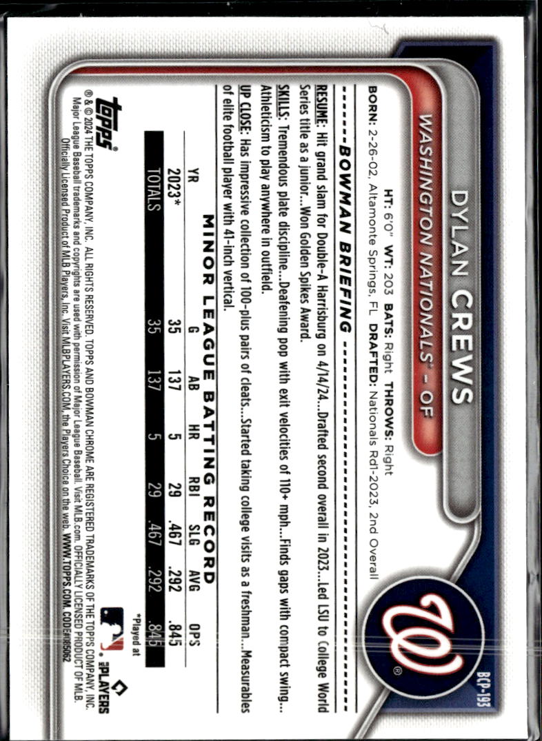 Dylan Crews 2024 Bowman Chrome Green Reptilian /99 Washington Nationals