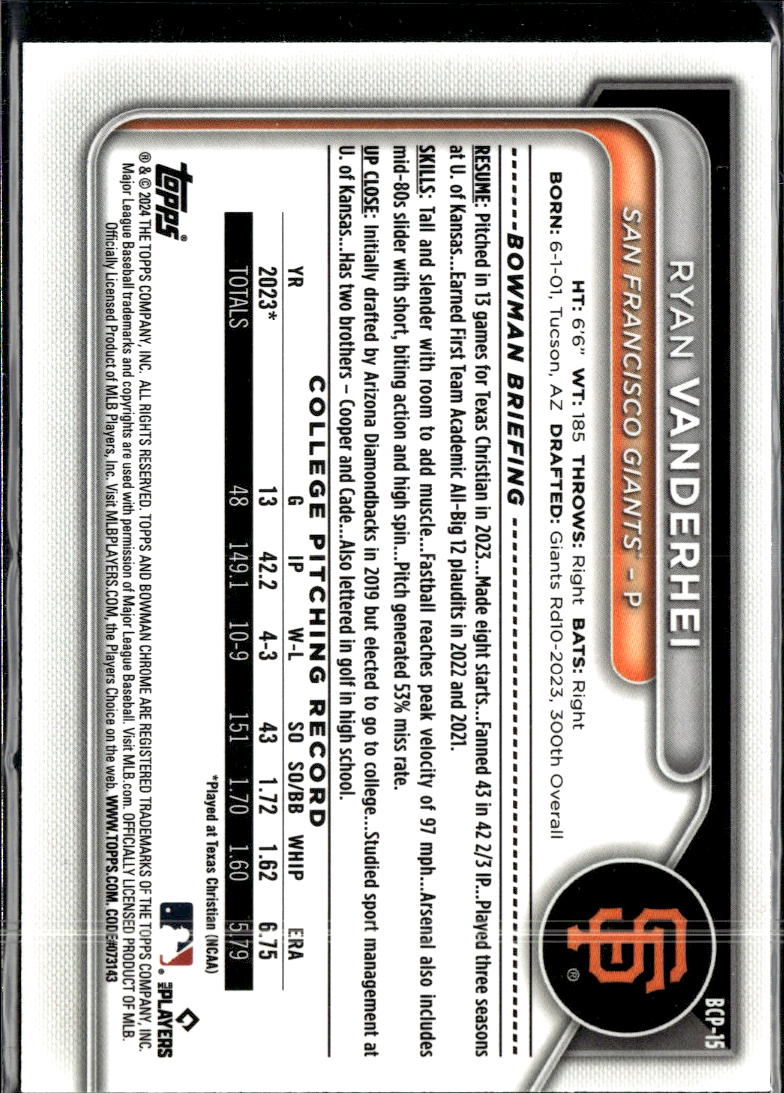Ryan Vanderhei 2024 Bowman Chrome 1st Purple RayWave /250 San Francisco Giants