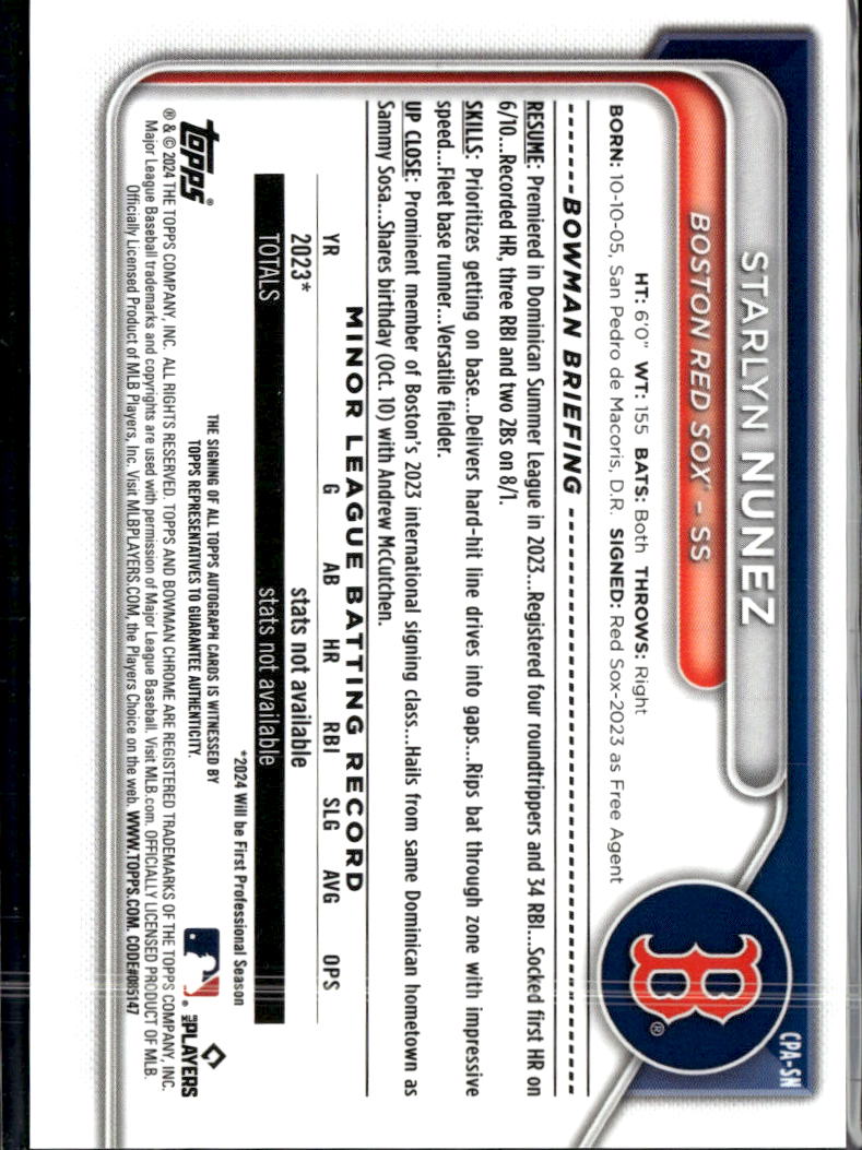 Starlyn Nunez 2024 Bowman Chrome 1st Auto Autograph Boston Red Sox
