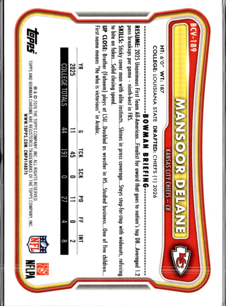 Mansoor Delane 2026 Bowman Chrome Rookie RC Yellow /275 Kansas City Chiefs