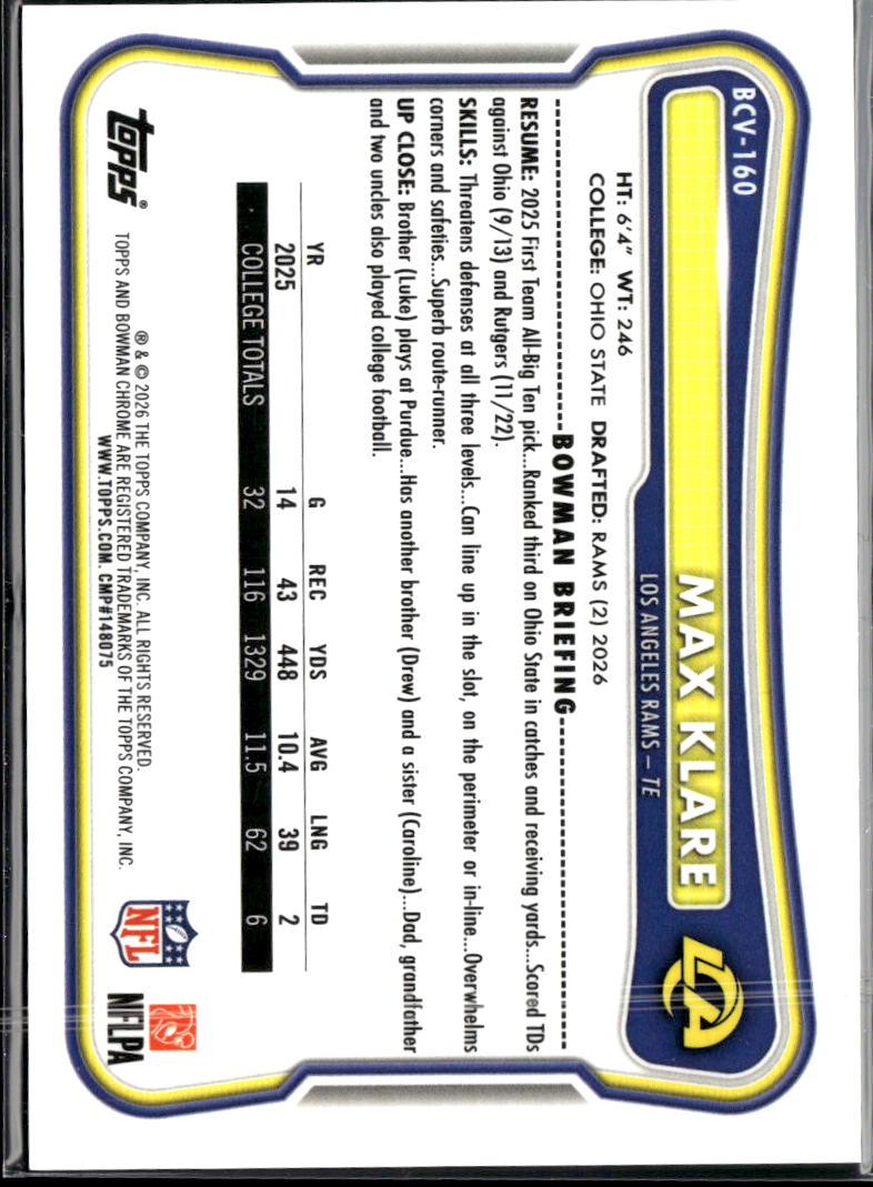 Max Klare 2026 Bowman Chrome RC Yellow /275 Los Angeles Rams