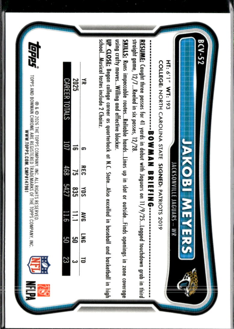 Jakobi Meyers 2026 Bowman Chrome Yellow /275 Jacksonville Jaguars