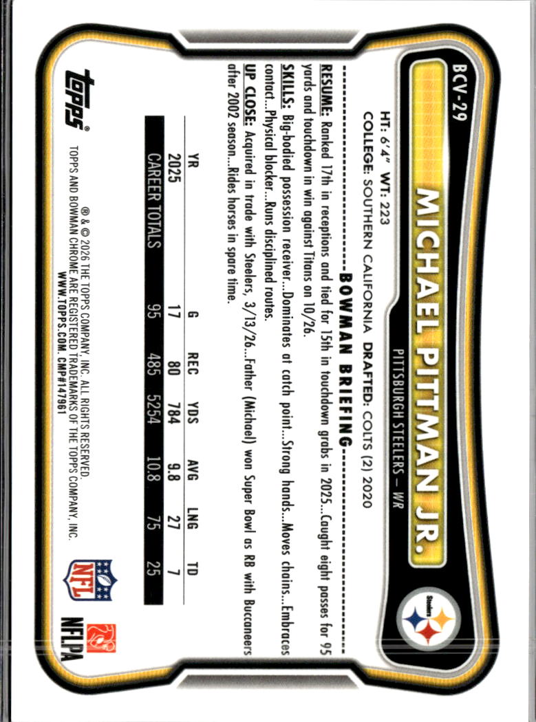 Michael Pittman Jr. 2026 Bowman Chrome Orange 12/25 Pittsburgh Steelers