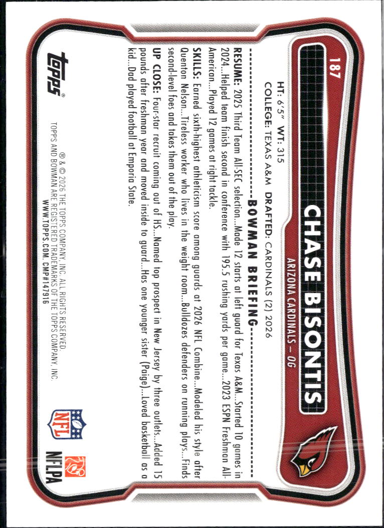Chase Bisontis 2026 Bowman RC Blue /150 Arizona Cardinals