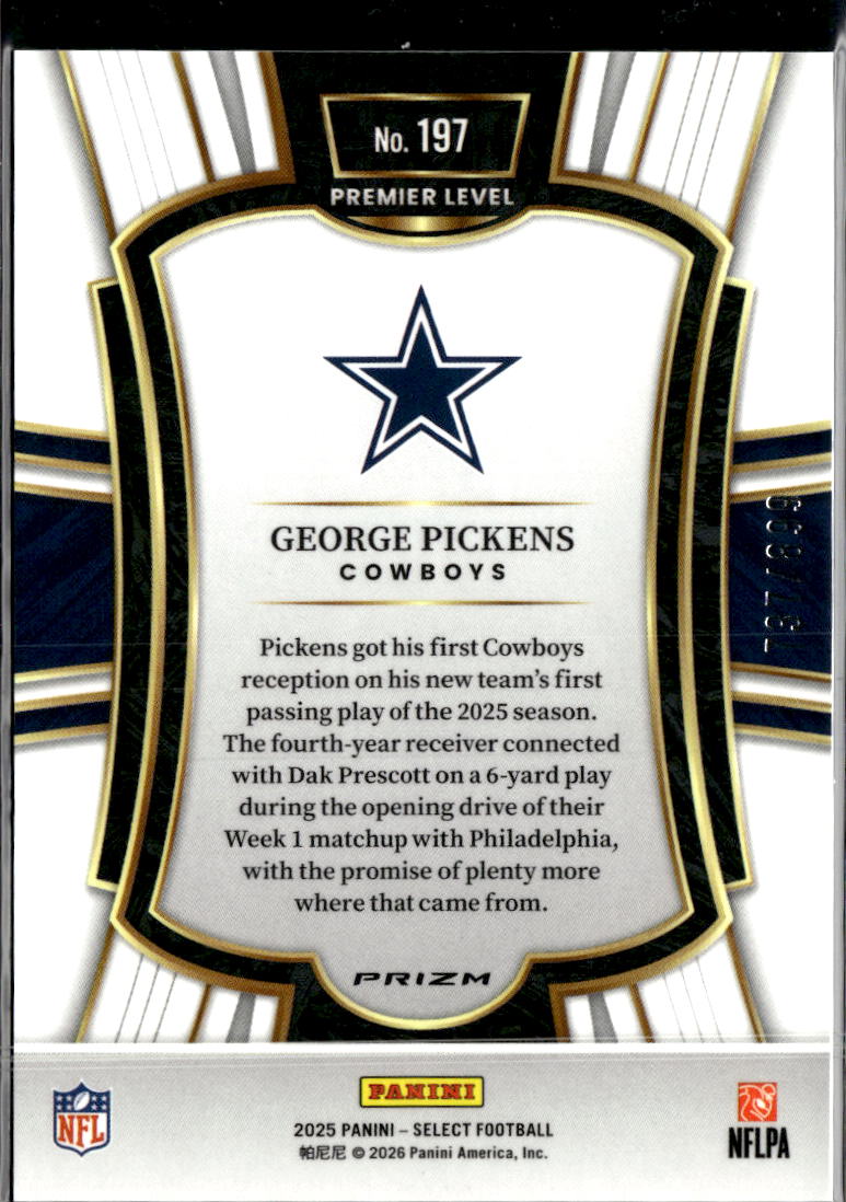 George Pickens 2025 Select Bronze Prizm /899 Dallas Cowboys
