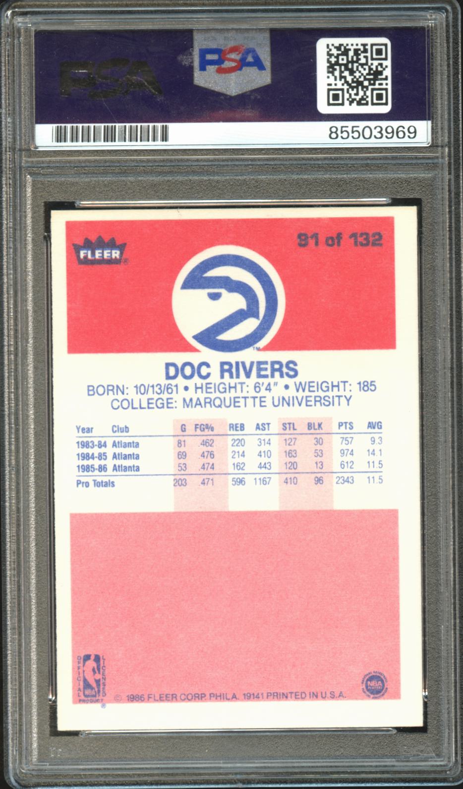 Doc Rivers 1986-87 Fleer Auto Autograph Rookie RC PSA DNA Atlanta Hawks