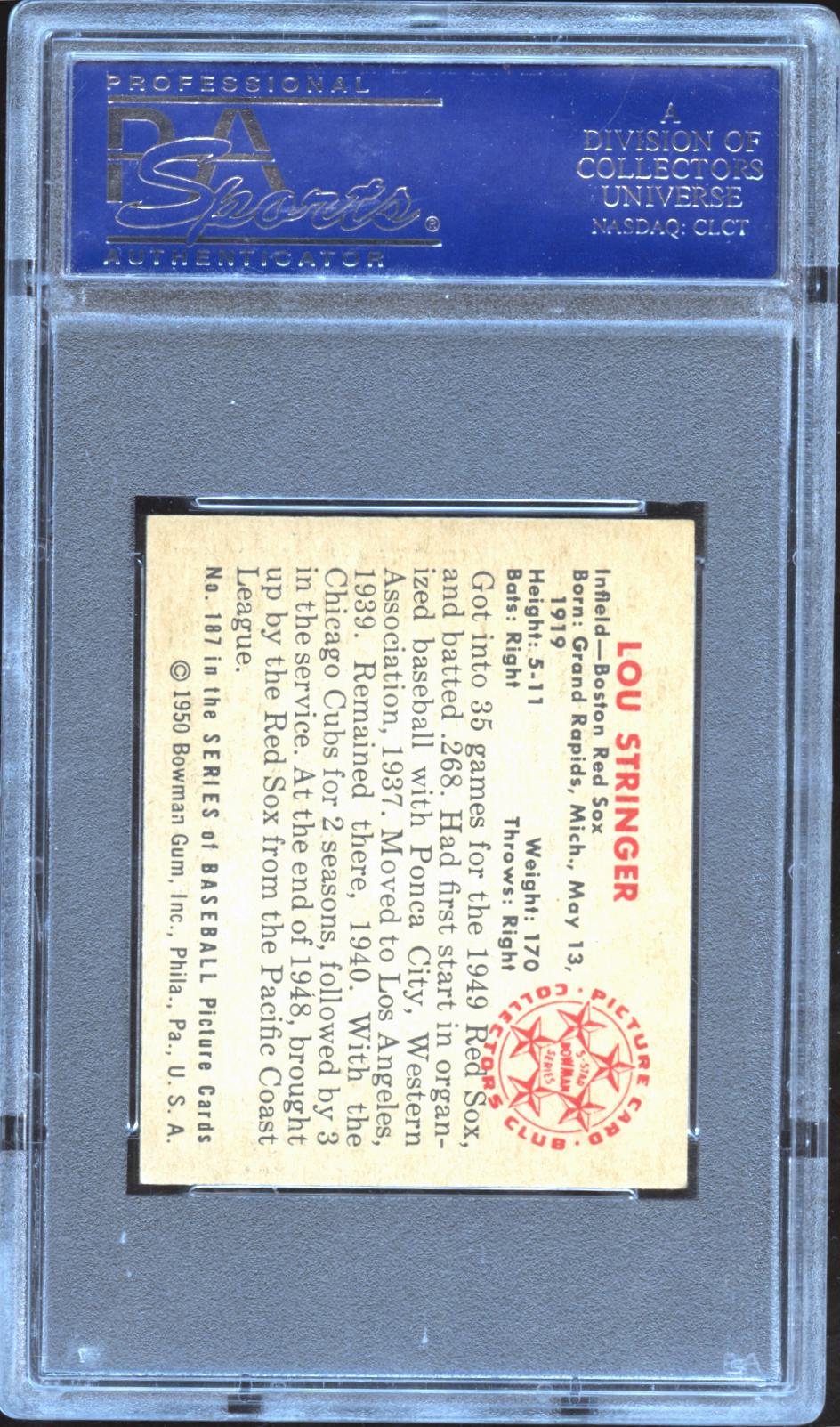 Lou Stringer 1950 Bowman Card #187 Boston Red Sox PSA 6