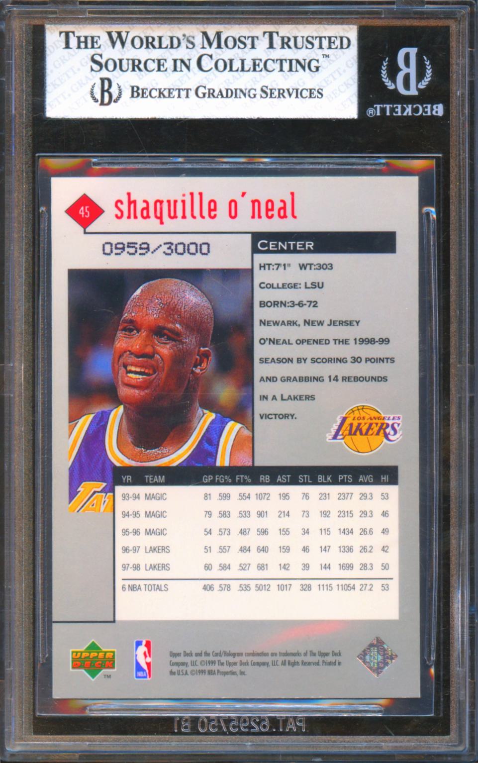 Shaquille O'Neal 1998-99 UD Black Diamond Double Diamond Lakers 959/3000 BGS 8