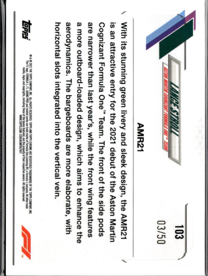 Lance Stroll 2021 Topps Chrome Formula 1 Gold Refractor /50 Aston Martin