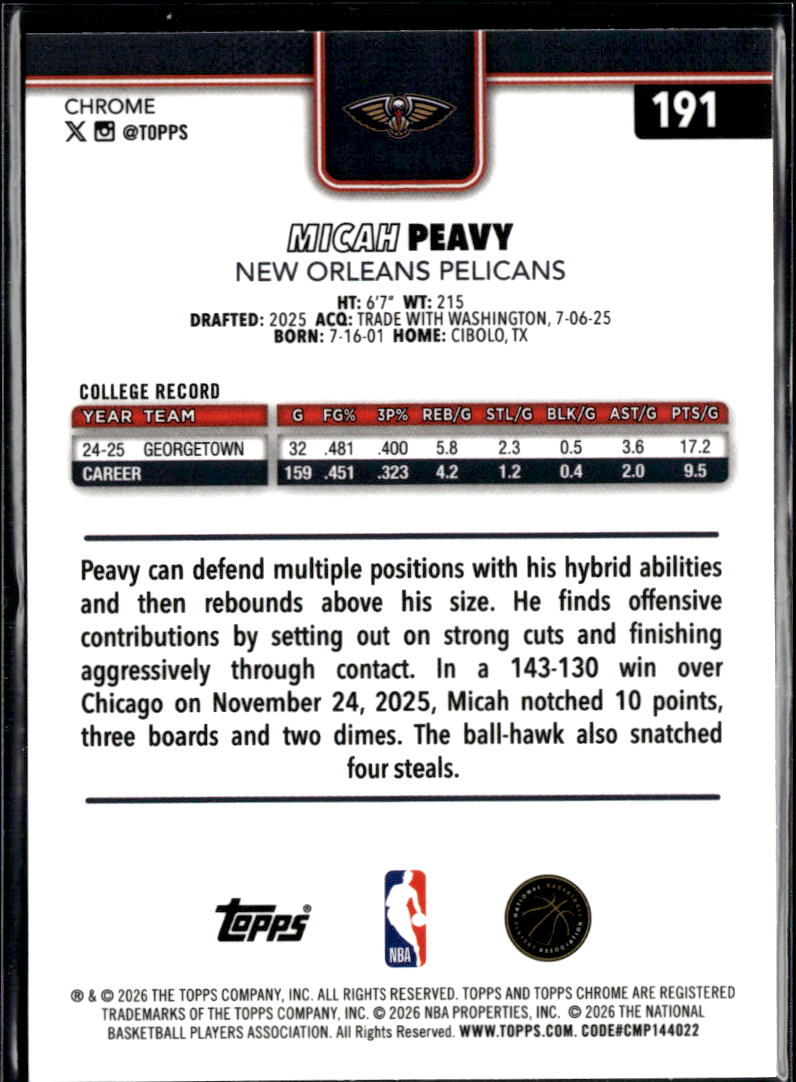 Micah Peavy 2026 Topps Chrome Yellow Wave Refractor RC 169/275 Pelicans