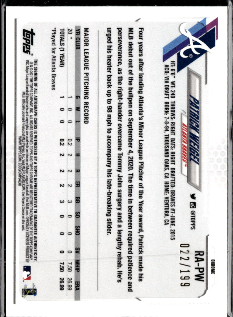 Patrick Weigel 2021 Topps Chrome RC Auto Aqua /199 Atlanta Braves